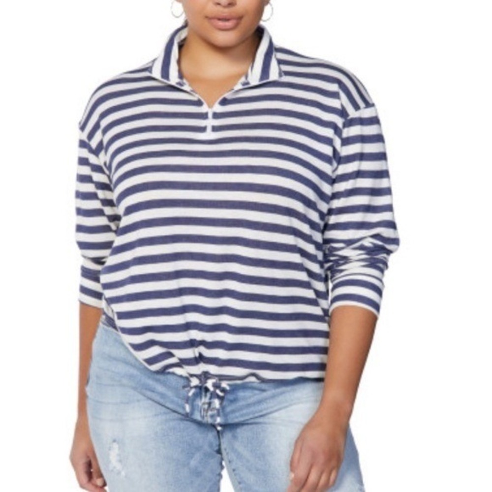 78&Sunny Womens 2X Navy Blue White Striped Quarter Zip Pullover Drawstring‎ Top